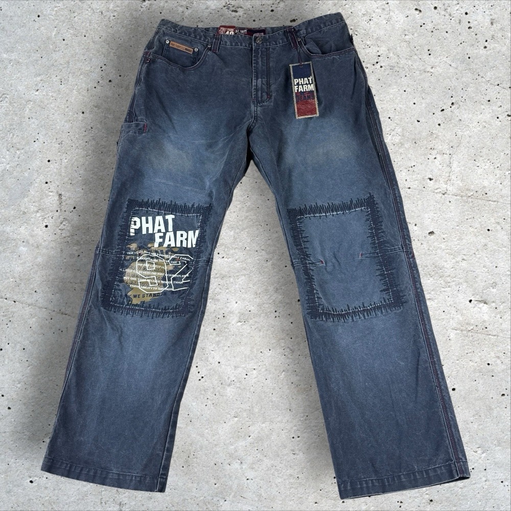 NWT Vintage Phat Farm Double Knee Logo Jeans 40x32 Baggy Y2K‎ Skater